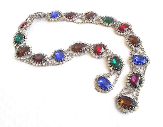 Jewel Tone Large Oval Glass and Rhinestone Chain Vintage  display picture 1