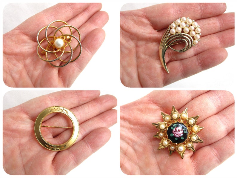 Vintage Brooch Lot NY Estate Jewelry Five Piece Bundle All Wearable Painted Porcelain Monet Glass Pearl /& Pearl Seed Bead Pin