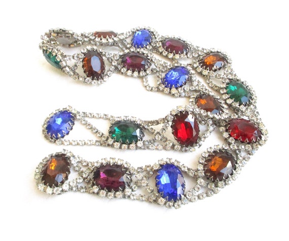 Jewel Tone Large Oval Glass and Rhinestone Chain … - image 9