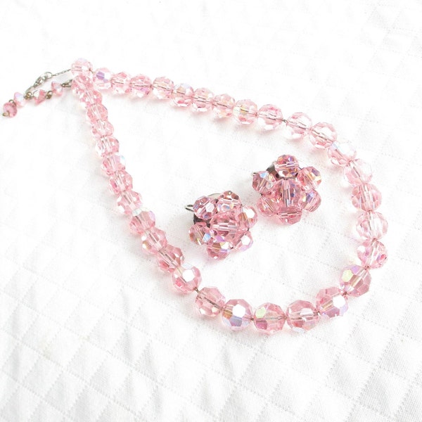 Gorgeous Pink Crystal Vintage Necklace and Matching Clip Back Earrings -  17" Chain Strung Necklace - NY Estate Jewelry