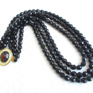 HOBÉ Three Strand Black Crystal Vintage Necklace - Ornate Gold Clasp - Designer Signed - NY Estate Jewelry