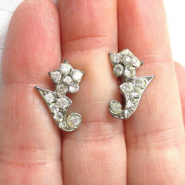 Sweet Art Deco Rhinestone and Silver Metal Vintage Screw Back Earrings - 1940's Style - NY Estate Jewelry