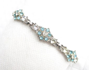 Gorgeous Rhinestone and Silver Floral Link Vintage Tennis Bracelet - Silver Metal Setting - Turquoise & Clear Stones - NY Estate Jewelry