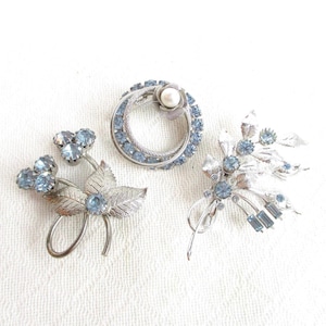 Vintage Blue Rhinestone & Silver Tone Metal Settings Brooch Lot - Three Pins - Floral and Double Rings - NY Estate Jewelry