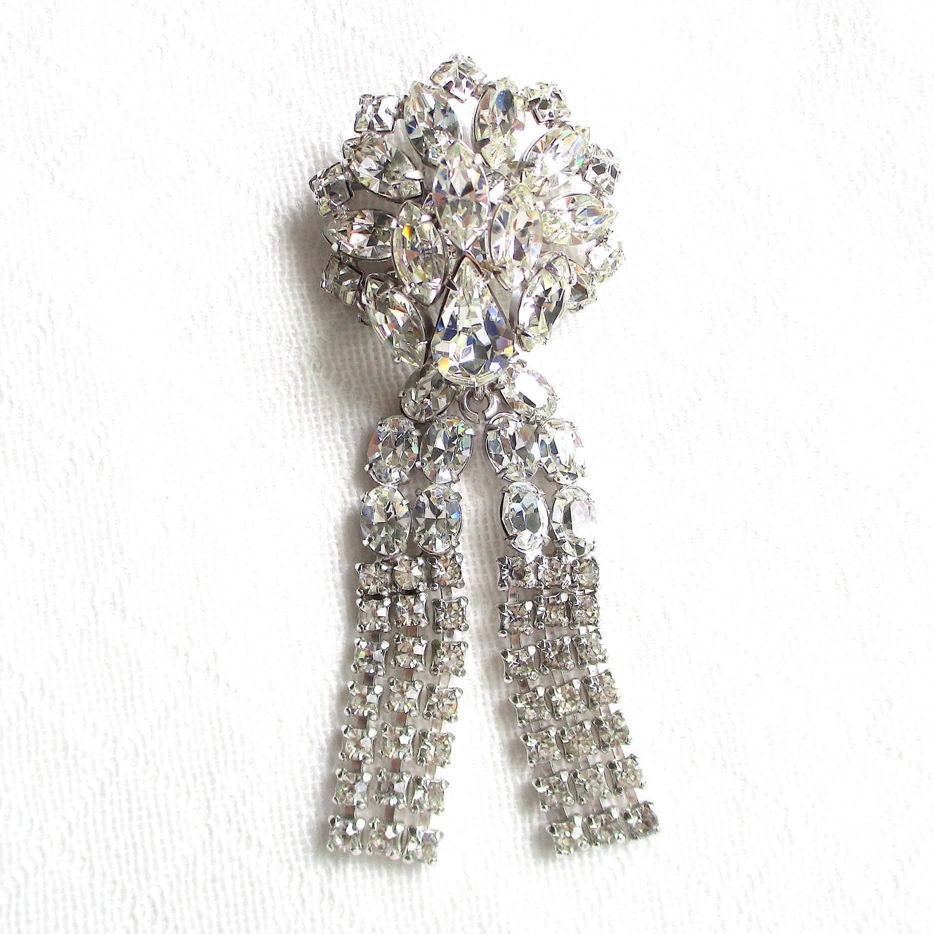 Schreiner New York Vintage Layered Rhinestone Dangling Brooch Pin