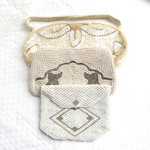 Vintage White Beaded, Pearlized Beaded and Sequined Handbag Lot - Three Individual Pieces - Regale /Hand Made - Glass Seed Beaded