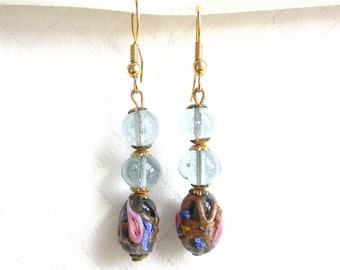 Dangling Glass & Wedding Cake Beaded Pierced Venetian Glass Earrings - Gold Ear Wire - Blue, Pink, Gold - NY Estate Jewelry