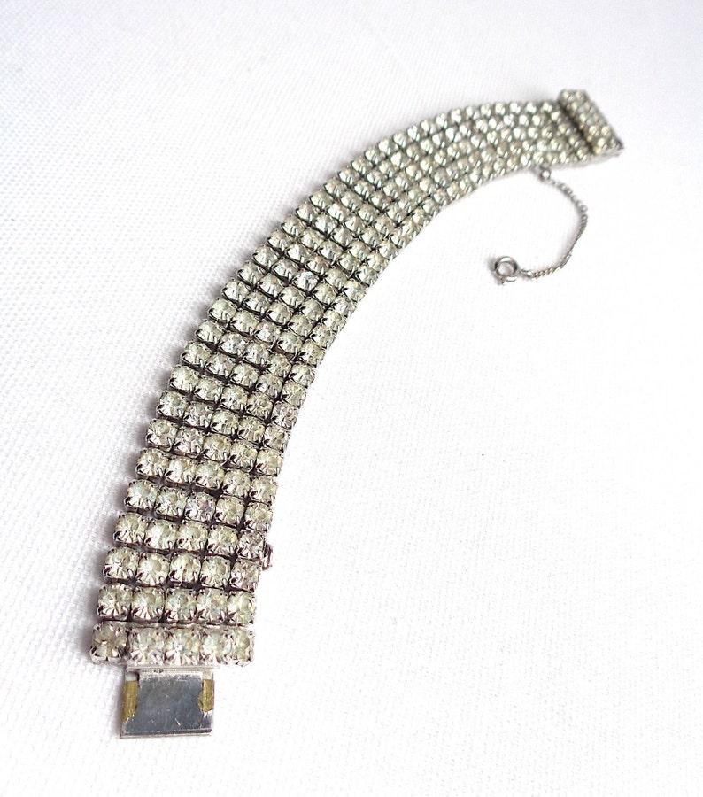 78 Wide Gorgeous Five Row Sparkling Rhinestone Vintage Bracelet Silver Prong Setting /& Safety Chain Great Gatsby Style