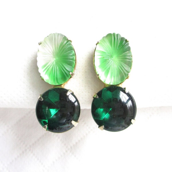 GARNE Emerald Green & Stamped Glass Vintage Clip Back Earrings - Designer Signed - 1 3/8" Tall - NY Estate Jewelry