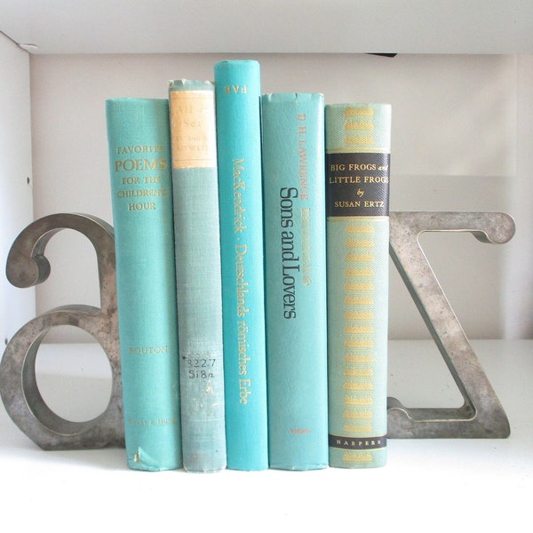 Vintage Turquoise Hard Cover Book Bundle - Five Old Library Books in Shades of Aqua - All Vintage/All Hard Cover - Vntg Book Decor