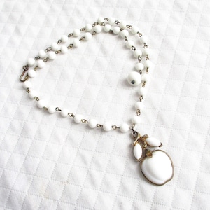 TRIFARI Alfred Philippe White Milk Glass Apple Pendant & White Glass Beaded Vintage Necklace - Iconic Designer Piece - NY Estate Jewelry