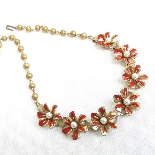 Red Enamel and Pearl Bead Floral Link Vintage Necklace - Adjustable Length - Gold Link Chain - NY Estate Jewelry