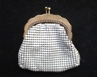 GLOMESH Vintage White and Gold Metal and Mesh Vintage Change Purse - Art Deco Style - Hallmarked Interior - Vintage Vanity - &quot;Something Old&quot;