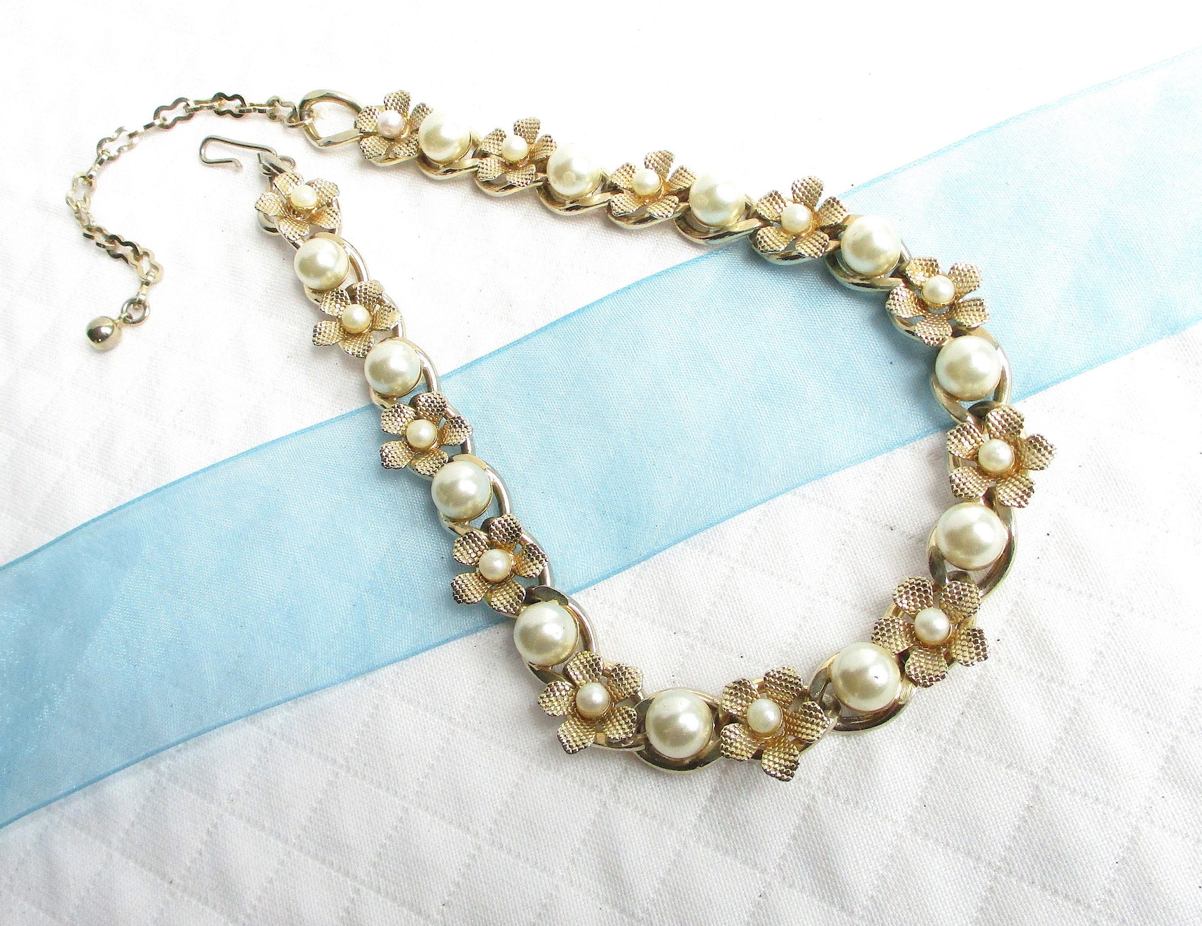 Pearl Bead, Gold Flower Links and Chunky Chain Vintage