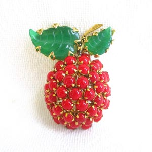 SCHREINER Strawberry Pin Brooch - Red Round Cabochons and Green Glass Leaves - Designer Signed - NY Estate Jewelry