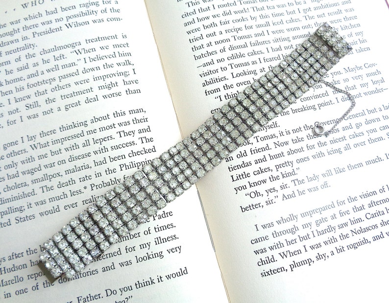78 Wide Gorgeous Five Row Sparkling Rhinestone Vintage Bracelet Silver Prong Setting /& Safety Chain Great Gatsby Style