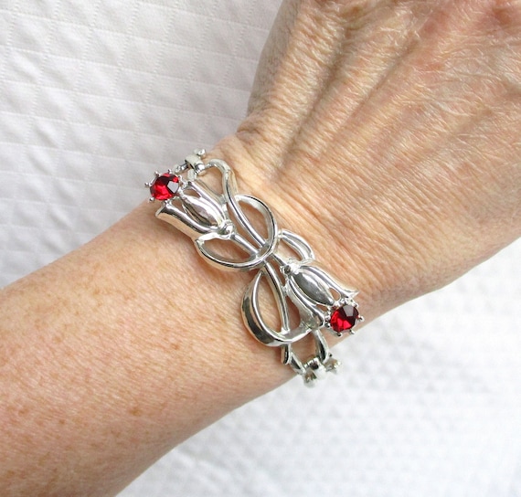 S & G Ruby Red Rhinestone and Shiny Silver Vintage Long Link Bracelet - Hallmarked - Tulip Flower Detail - NY Estate Jewelry