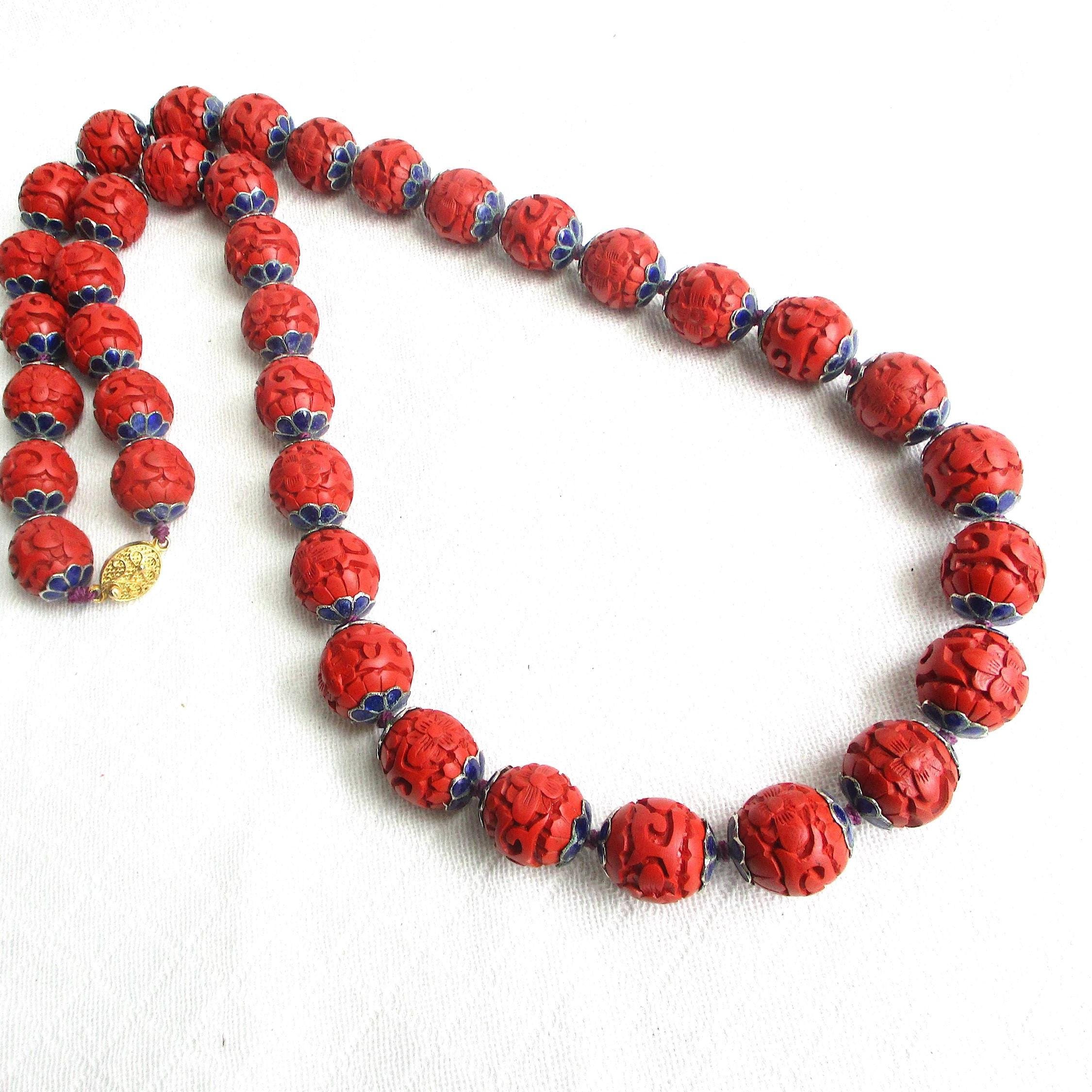 Carved Cinnabar Bead and Enameled Blue Metal Cap Vintage Beaded