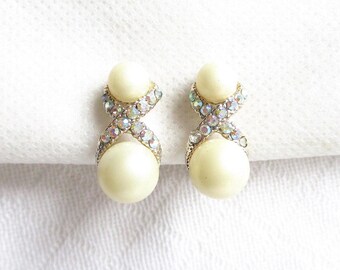 Boucles D'oreilles Clips Vintage Perles Bleu Foncé - Base Couleur Or - Modèle 1664, Occasion Bon état