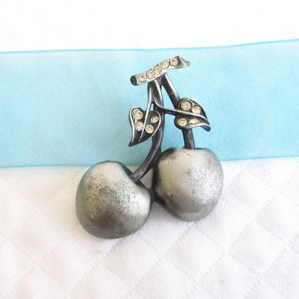 Silver Pewter Metal and Rhinestone Vintage Cherry Brooch - Hallmarked Pat Pend - 2" Tall - NY Estate Jewelry