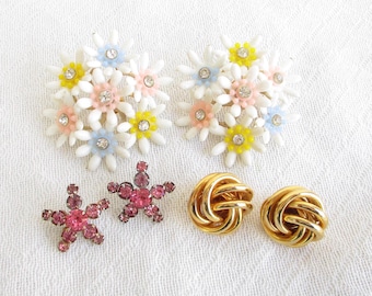 Three Pair of Stud Back Earrings - Vintage & Converted - Gold Knots/Pink Rhinestones/Plastic Molded Flowers - NY Estate Jewelry