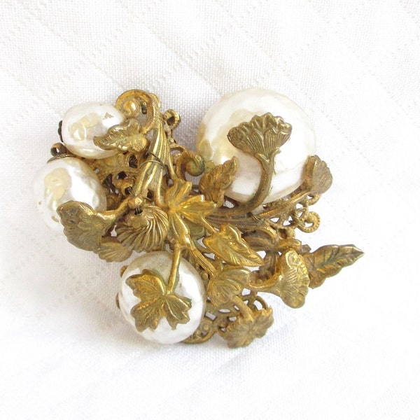 Miriam Haskell Glass Baroque Pearl and Gold Metal Floral Vintage Brooch - Designer Signed - Disc and Potato Shaped Beads