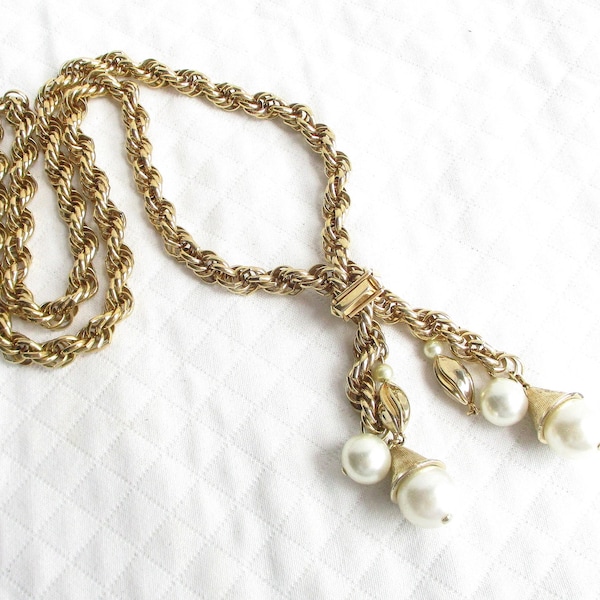 Vintage Chunky Gold Chain and Faux Pearl Beaded Tassel Lariat Necklace - Hallmarked JAPAN - Adjustable - NY Estate Jewelry