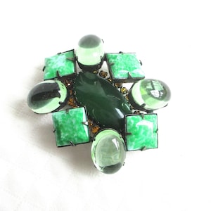 SCHREINER New York Green Stone & Cabochon Vintage Brooch - Designer Signed - Convertible Pendant - Speckled Green and Clear Green Glass