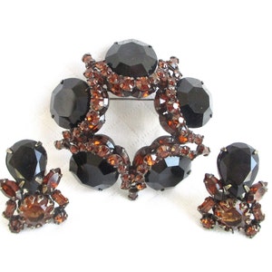 Schreiner NY Heavy Black and Brown Rhinestone Vintage Brooch/Pendant & Matching Clip Back Earrings - Designer Signed - NY Estate Jewelry