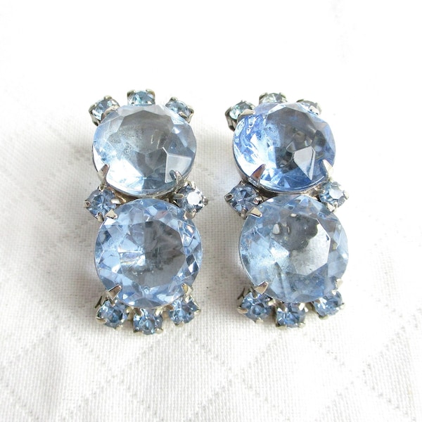 Blue Glass Cabochons and Rhinestones Vintage Clip Back Earrings - Silver Prong Settings - Sparkling Watery Color - NY Estate Jewelry