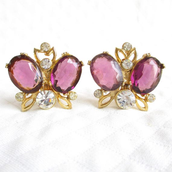 Boucles D'oreilles Clips Vintage Années 80 - Cuir Violet Et Strass, Occasion
