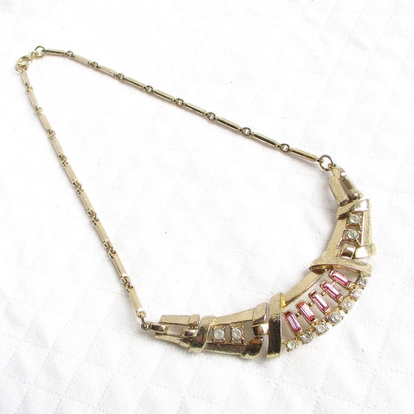 Coro Pink Baguette Rhinestone and Gold Bar Pendant Vintage Chain Link Necklace - Designer Signed - NY Estate Jewelry