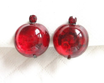 Austria Red Glass Fruit Salad Vintage Clip Back Earrings - Hallmarked - Apples/Cherries - Japanned Base - NY Estate Jewelry