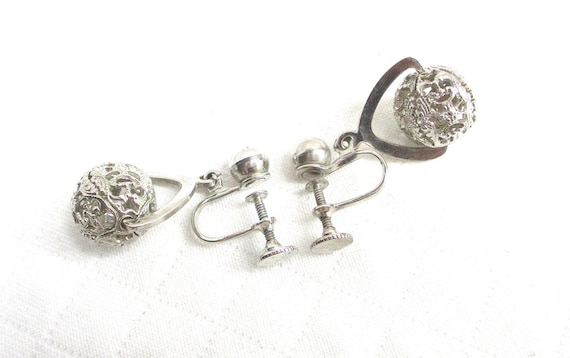 Dangling Silver Metal Filigree Ball Vintage Screw… - image 7