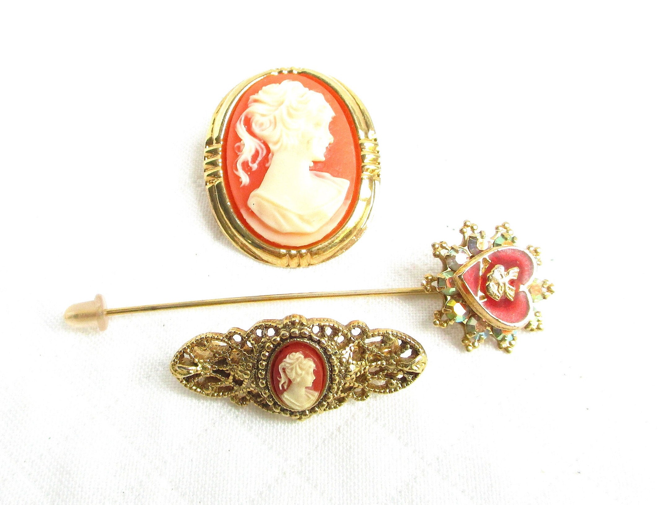 Three Sweet Victorian Style Gold Metal Scatter and Stick Pins - All Vintage/All Wearable - NY Estate Jewelry