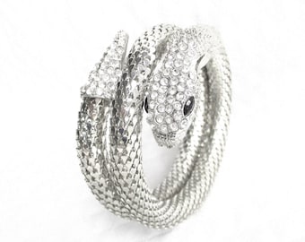 Jewels of Cleopatra Style Silver Mesh and Rhinestone SNAKE Wrap/Coil Vintage Bracelet - Classic Style - NY Estate Jewelry