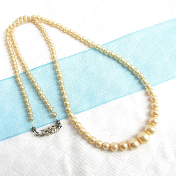 Antique 10K White Gold Clasp and Glass Faux Pearl Beaded Necklace - Hallmarked - 18" Long - NY Estate Jewelry