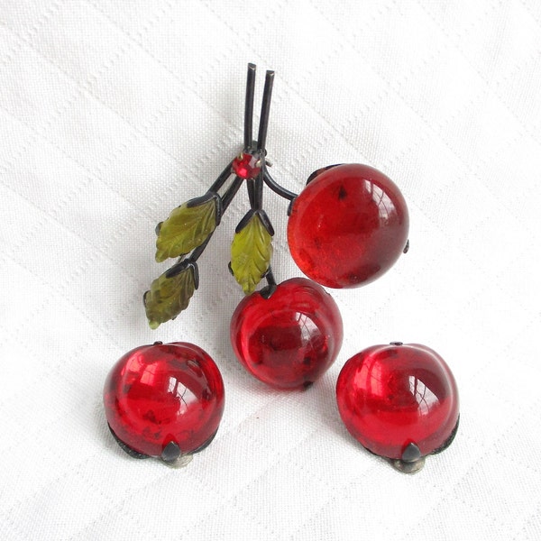 AUSTRIA Glass Red Cherry Vintage Brooch & Clip Back Earring Jewelry Set - Hallmarked - Japanned Metal Setting - NY Estate Jewelry