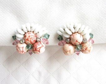Glasperlen, Blumenperlen und Strass Vintage Ohrclips mit Clipverschluss - Rosa, Weiß, Blau - NY State Schmuck