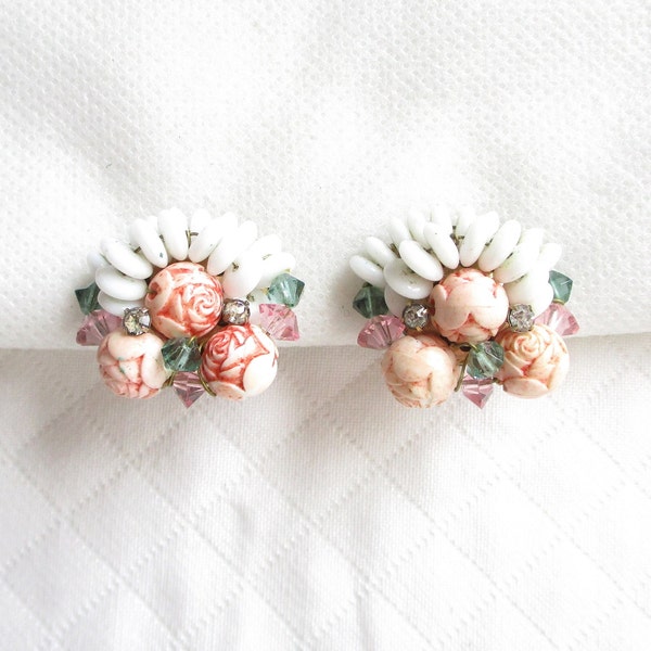 Glass Beaded, Flower Bead and Rhinestone Vintage Clip Back Cluster Earrings - Pink, White, Blue - NY Estate Jewelry