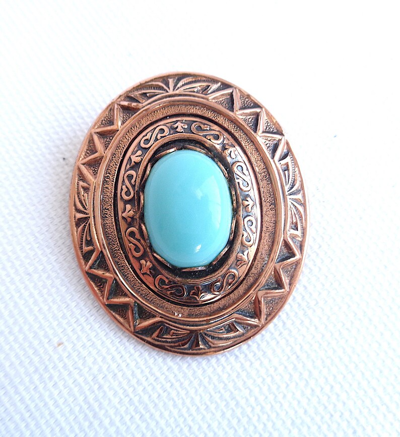 Copper and Turquoise Cabochon Vintage Brooch and Clip Back Earring Set Stamped Metal Design Estate Jewelry