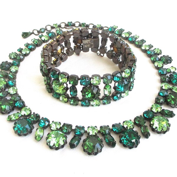 Schreiner NY Shades of Green Vintage Necklace & Matching Bracelet Set - Designer Signed - Gorgeous Prong Settings - NY Estate Jewelry