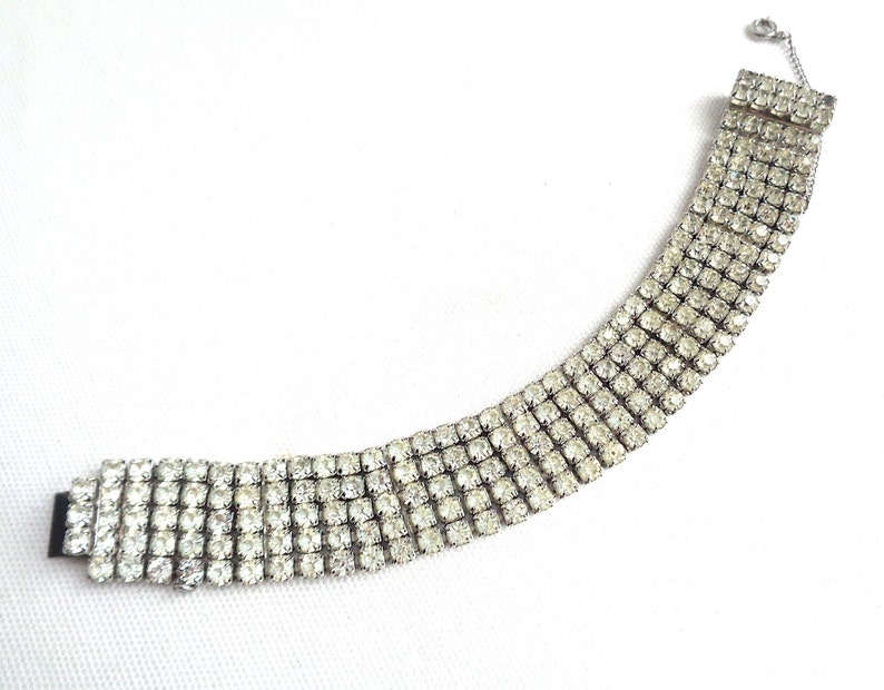 78 Wide Gorgeous Five Row Sparkling Rhinestone Vintage Bracelet Silver Prong Setting /& Safety Chain Great Gatsby Style