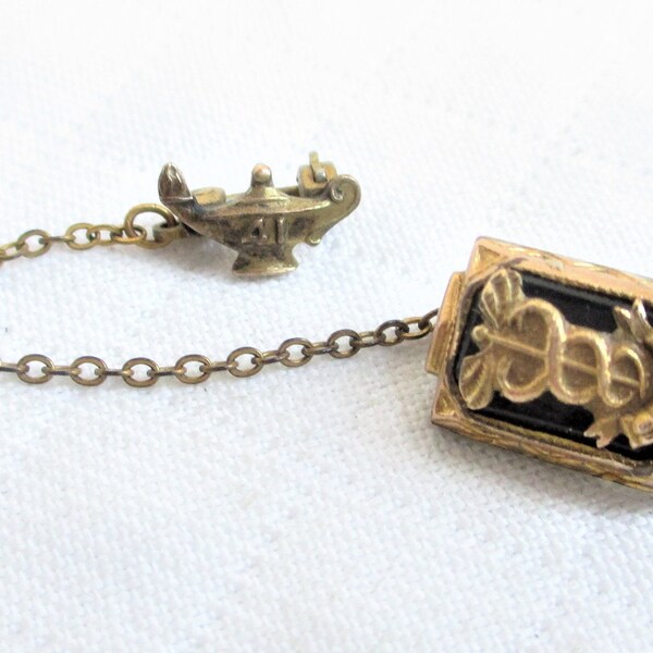 Antique Gold Filled Tiny Teapot & St. E.H. Health Care Medallion Chain Pins -NY Estate Jewelry - Nurse/Medical Pin