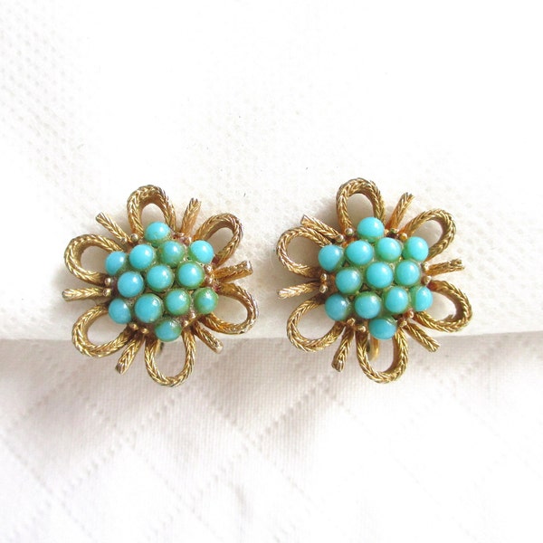 Turquoise Seed Bead and Gold Flower Vintage Clip Back Earrings - NY Estate Jewelry