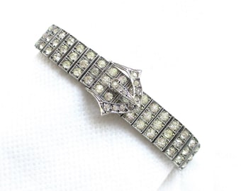 DIAMONBAR Sterling Silver and Rhinestone Vintage Art Deco Bracelet - Belt Buckle Clasp - Hallmarked - NY Estate Jewelry