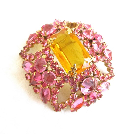 SCHREINER New York Stunning Pink & Citrine Yellow Rhinestone Large