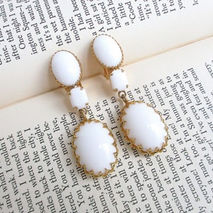Schreiner NY Vintage Dangling Clip Back Vintage Earrings - White Glass Cabochons - Designer Signed - NY Estate Jewelry