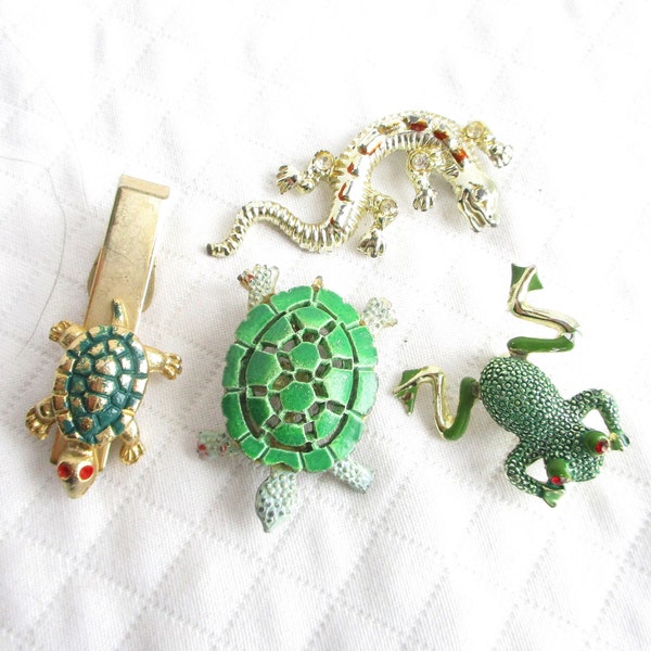 Four Piece Vintage Small Brooch Pin Lot - Turtles, Frog, Lizard Shapes - Gold Metal & Enamel - NY Estate Jewelry
