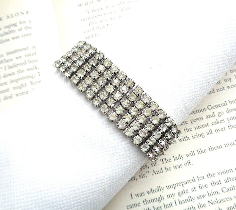 78 Wide Gorgeous Five Row Sparkling Rhinestone Vintage Bracelet Silver Prong Setting /& Safety Chain Great Gatsby Style